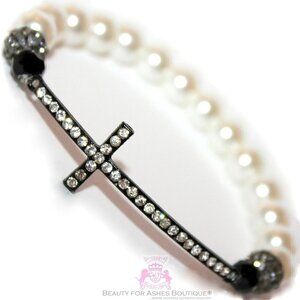 Divine Destiny Crystal Prayer Pearl Cross Stretch Bracelet